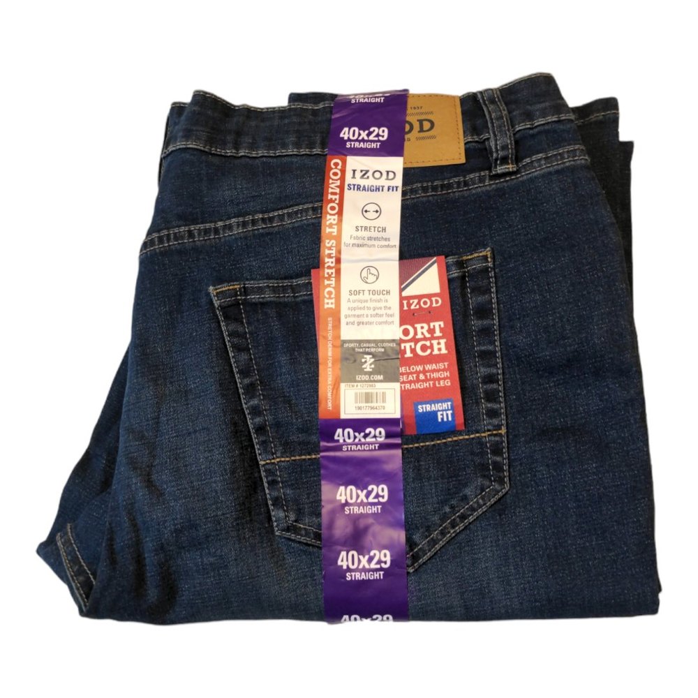 IZOD Men's Jeans Comfort Stretch Straight Fit 5 Pocket Zipper Fly 40W x 29L